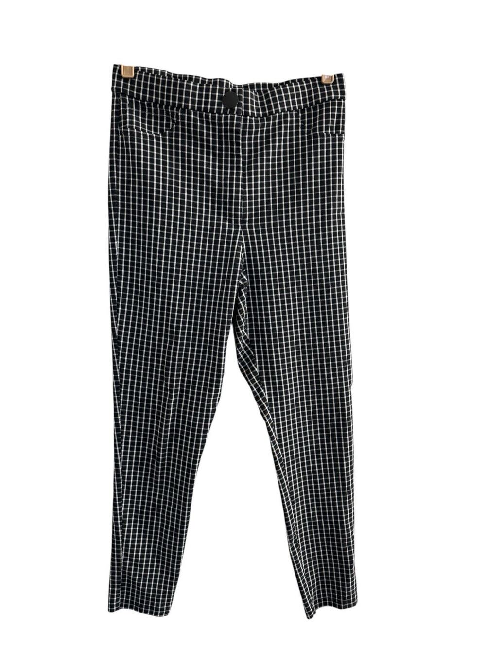 Zara Plaid Skinny Pants Slim Large High Rise Stretch Zip Black White Plaid #7399
